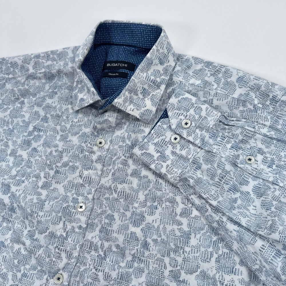 Bugatchi Mens Shirt Medium Chalk Blue Abstract Geometric Classic Fit Minimalist